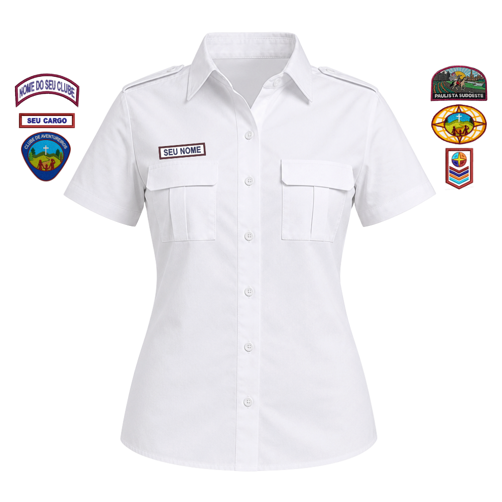 Camisa Líder Feminina - Branca - Manga Curta - Com Emblemas Costurados Aventureiros