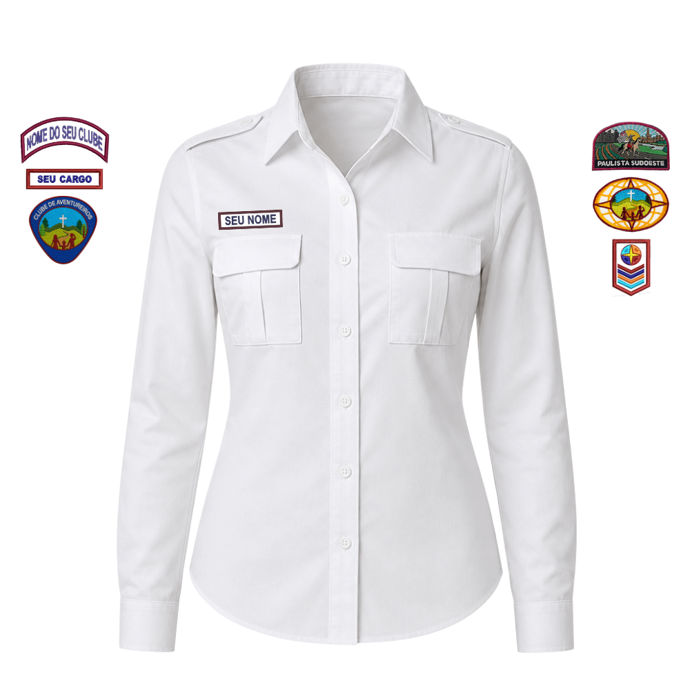 Camisa Líder Feminina - Branca - Manga Longa (Tamanho Especial) - Com Emblemas Costurados Aventureiros
