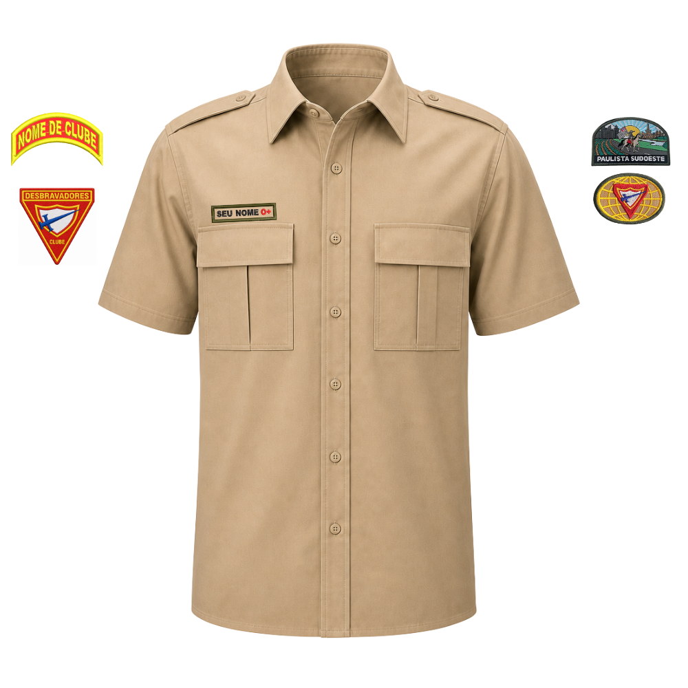 Camisa Juvenil - Caqui - Manga Curta - Com Emblemas Costurados Desbravadores